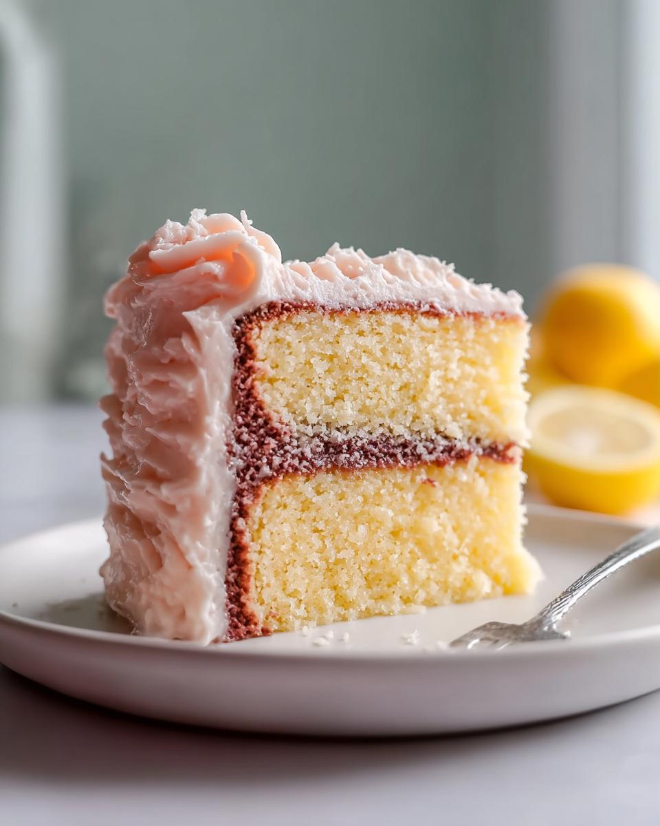 A close-up of a slice of layered yellow cake with pink frosting and a dark filling, part of our Cake Ideas Recipes.