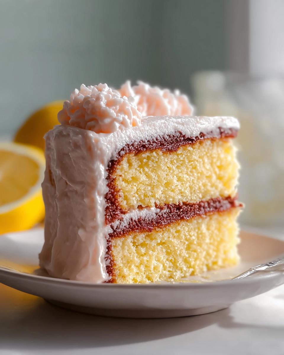 Close-up of a slice of yellow layer cake with white frosting and a dark filling, a key example of cake ideas recipes.