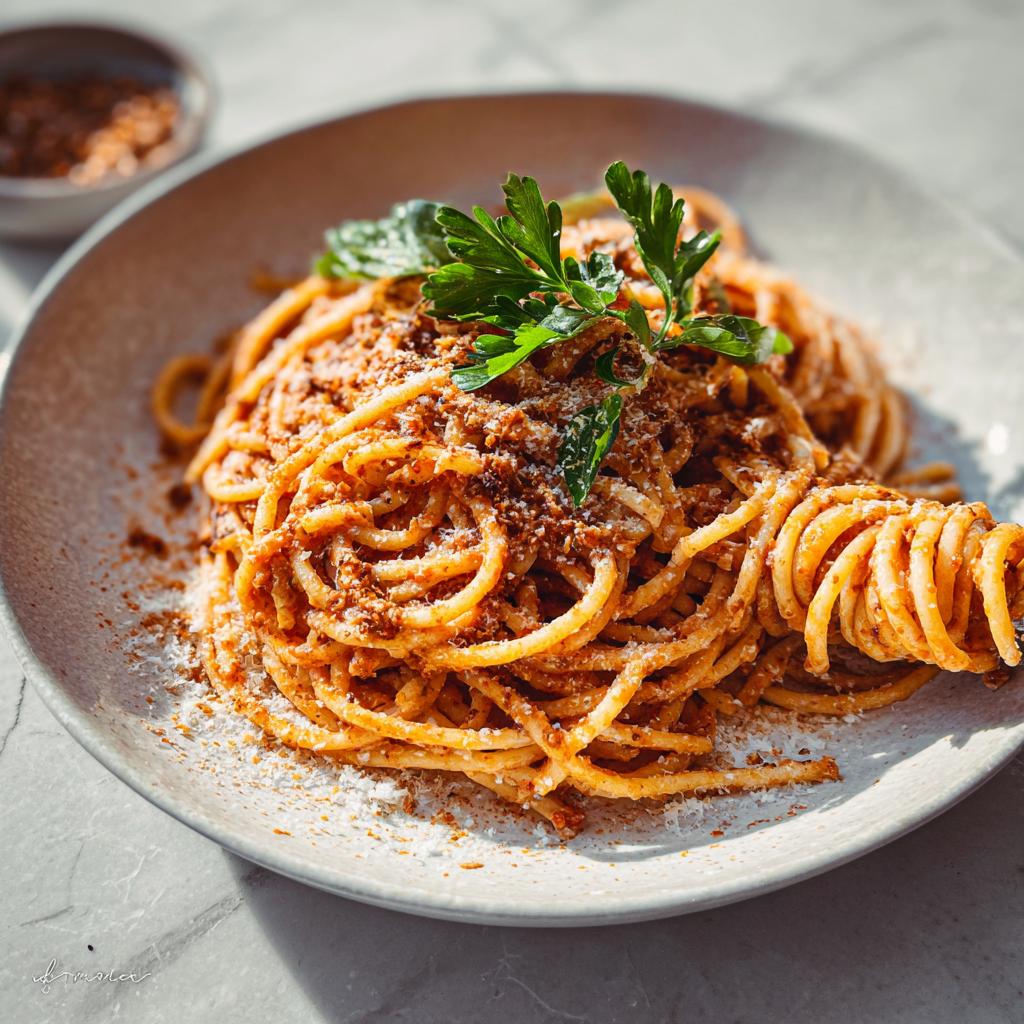 A close-up of spaghetti tossed in a rich meat sauce, topped with grated cheese and fresh parsley, part of The Only Pasta Recipes Recipe You’ll Need.