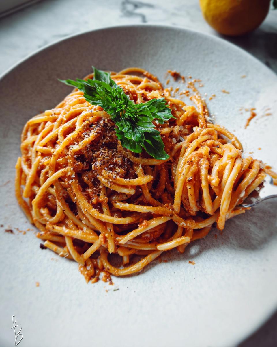 Close-up of spaghetti coated in a rich red sauce, topped with fresh basil and grated cheese. A fork is twirling some of the pasta.