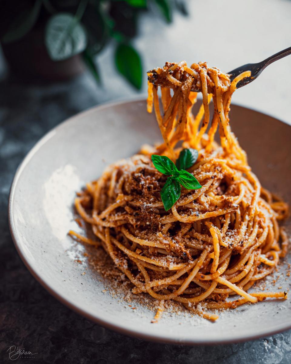 A fork lifting spaghetti coated in sauce, topped with cheese and basil, a perfect example of pasta recipes.