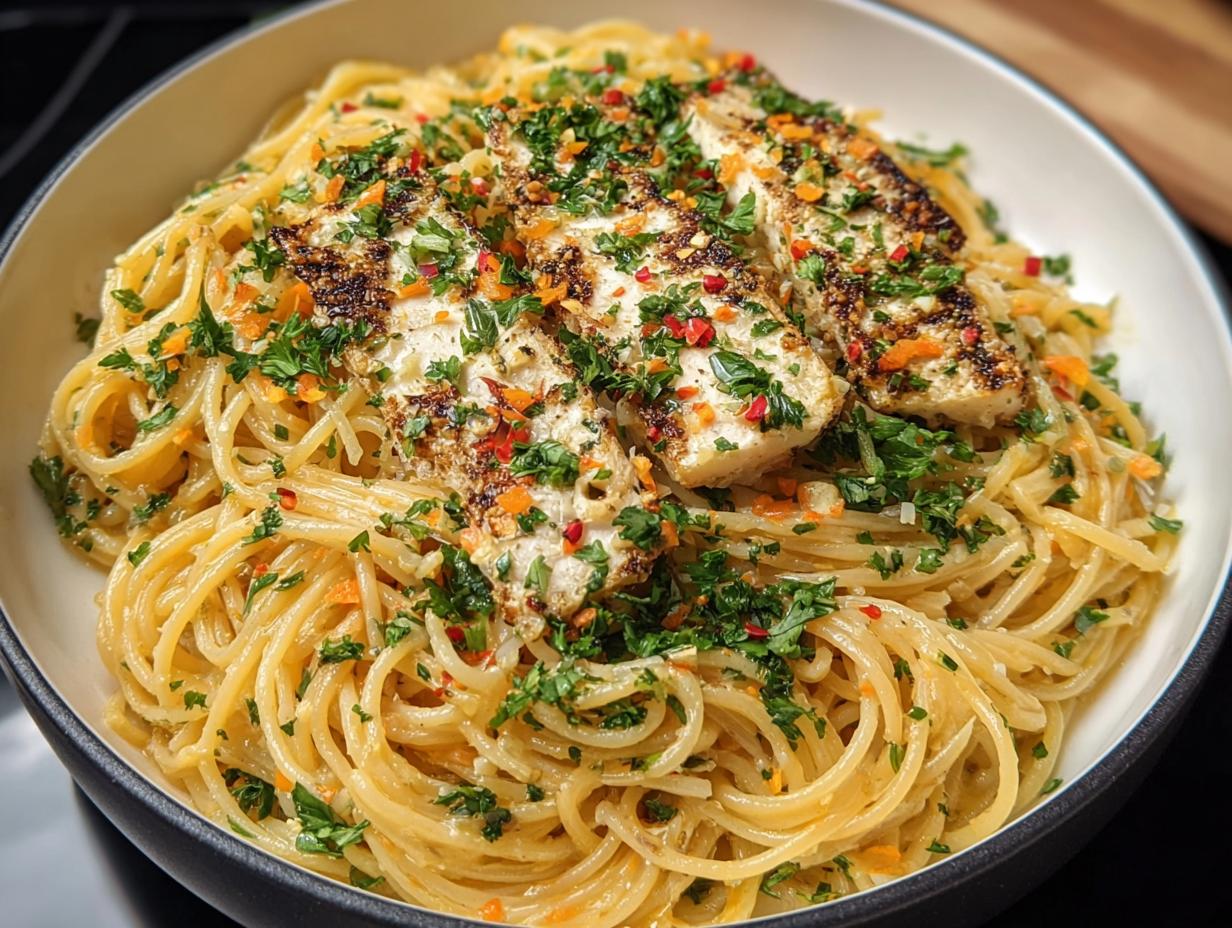 Close-up of spaghetti tossed in a light sauce, topped with seared tofu slices and fresh parsley.