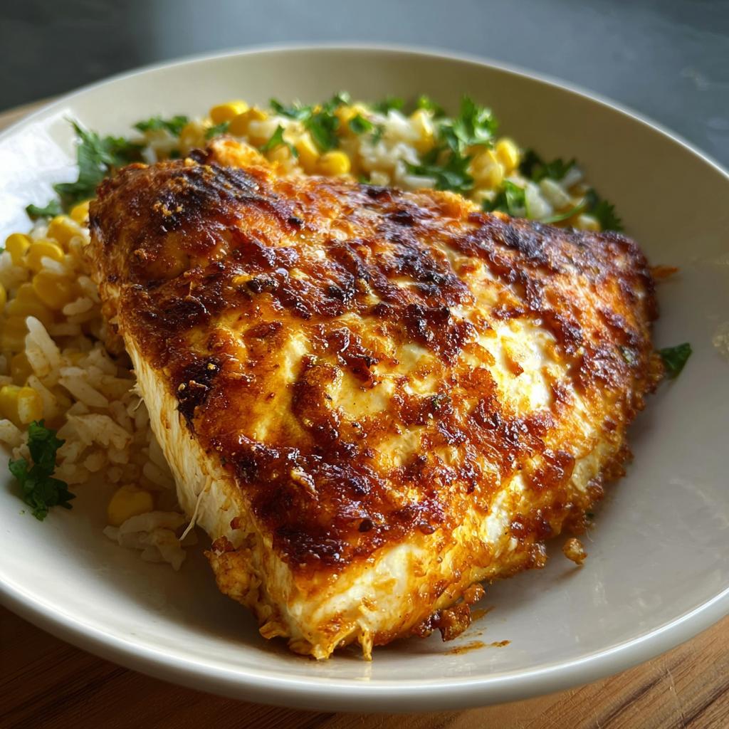 A close-up of a perfectly cooked, spiced chicken breast served over rice and corn, part of Healthy Chicken Recipes.