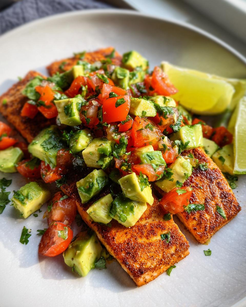 Two pieces of spiced, pan-seared salmon topped with fresh avocado and tomato salsa, a great example of Balanced Meals for a Healthy Lifestyle.