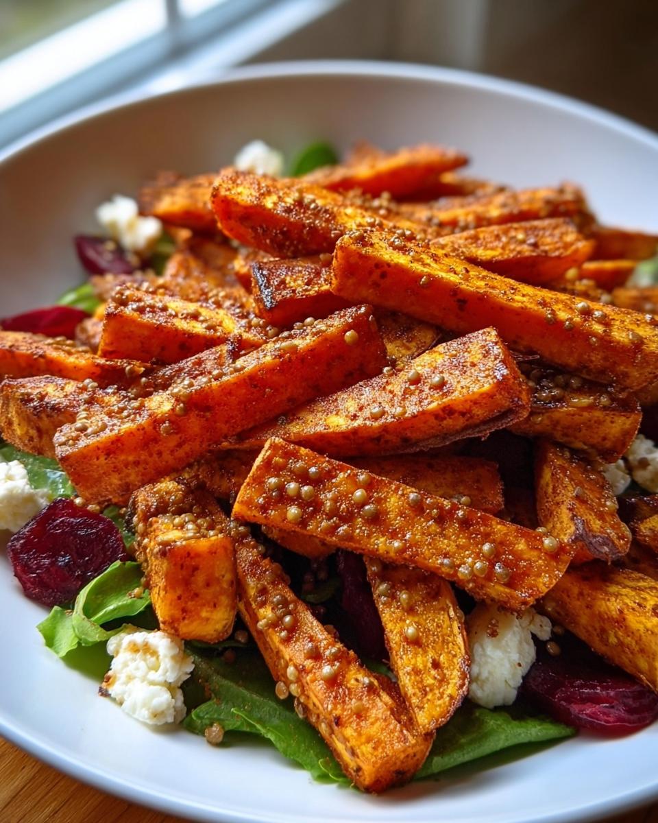 Close-up of spiced, roasted sweet potato fries served over greens with beets and feta, fitting for Healthy Comfort Food Recipes.