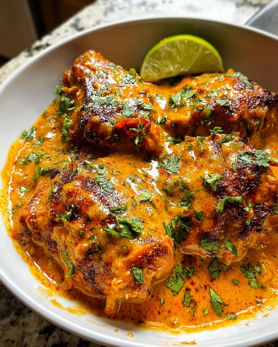 Close-up of Spicy Cajun Chicken with Smoky Paprika smothered in a rich, creamy orange sauce and garnished with cilantro.