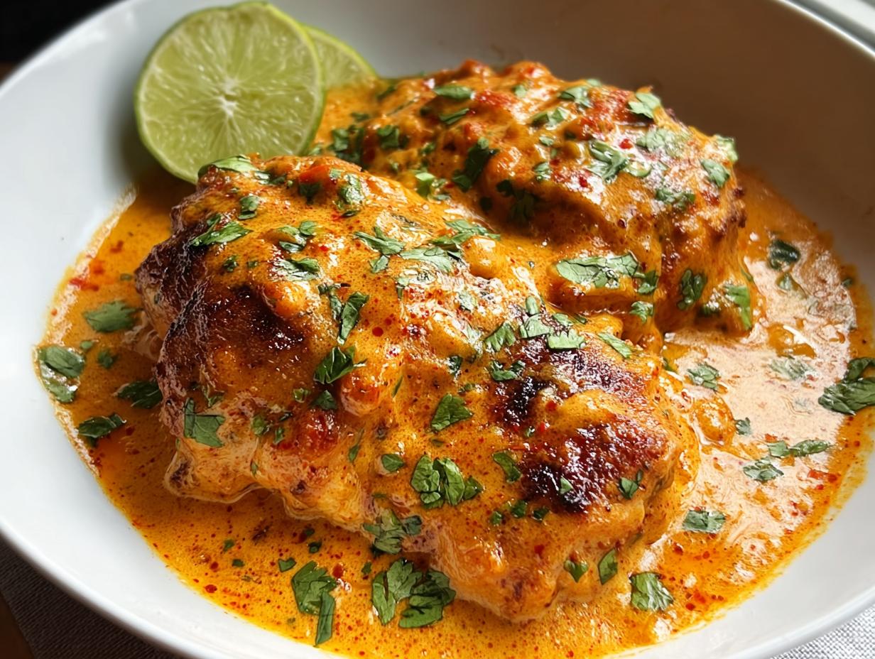 Two pieces of Spicy Cajun Chicken with Smoky Paprika smothered in a creamy orange sauce, garnished with cilantro and lime slices.