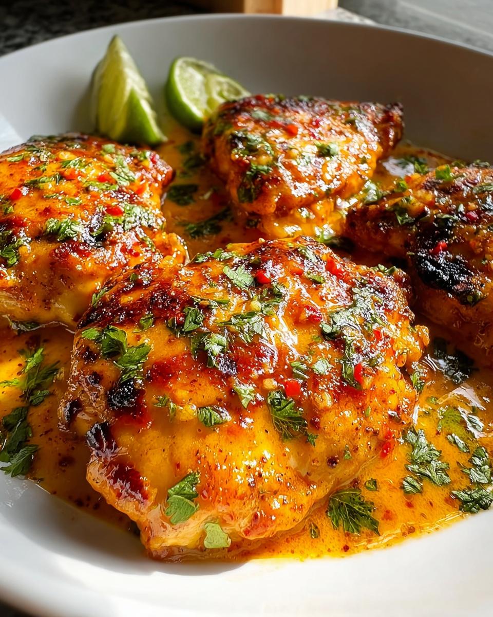Four pieces of Spicy Cajun Chicken with Smoky Paprika served in a bright orange sauce, garnished with parsley and lime wedges.