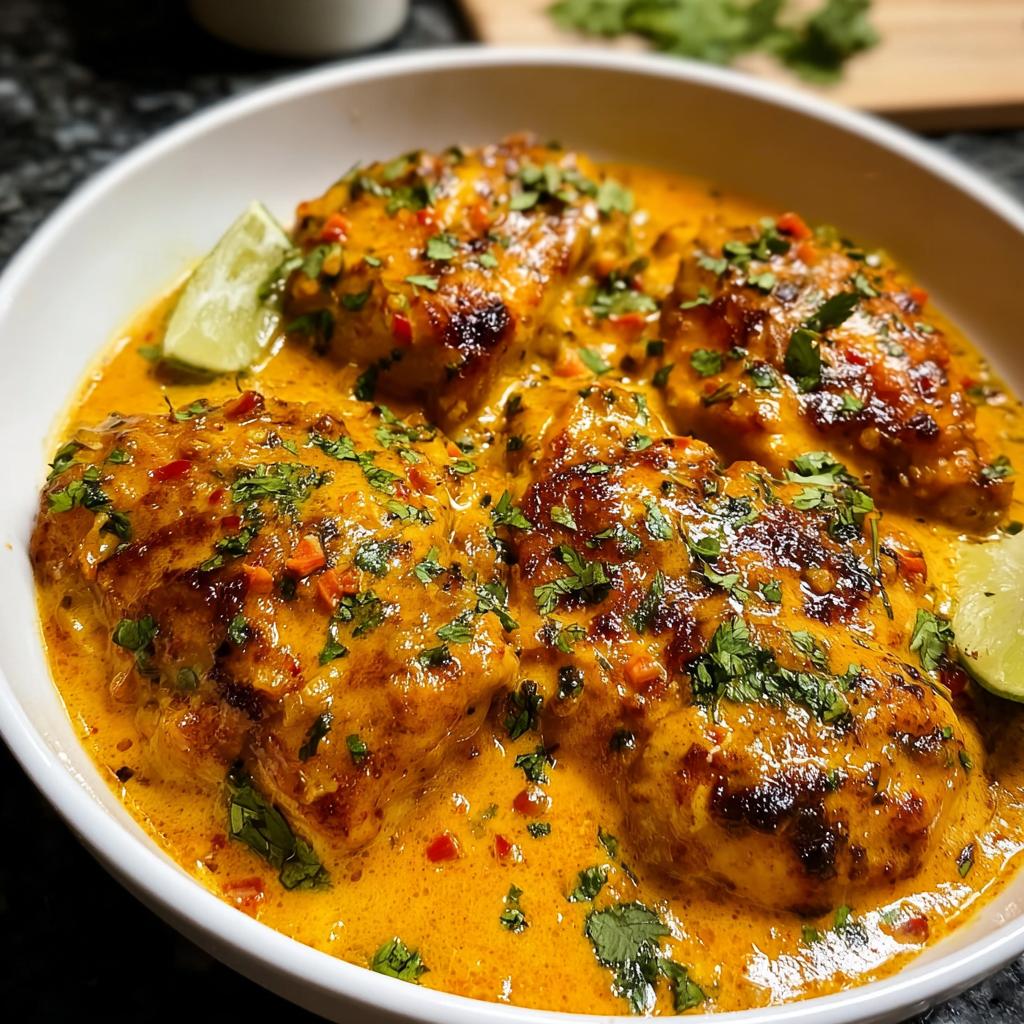Close-up of Spicy Cajun Chicken with Smoky Paprika served in a rich, orange cream sauce and garnished with cilantro.