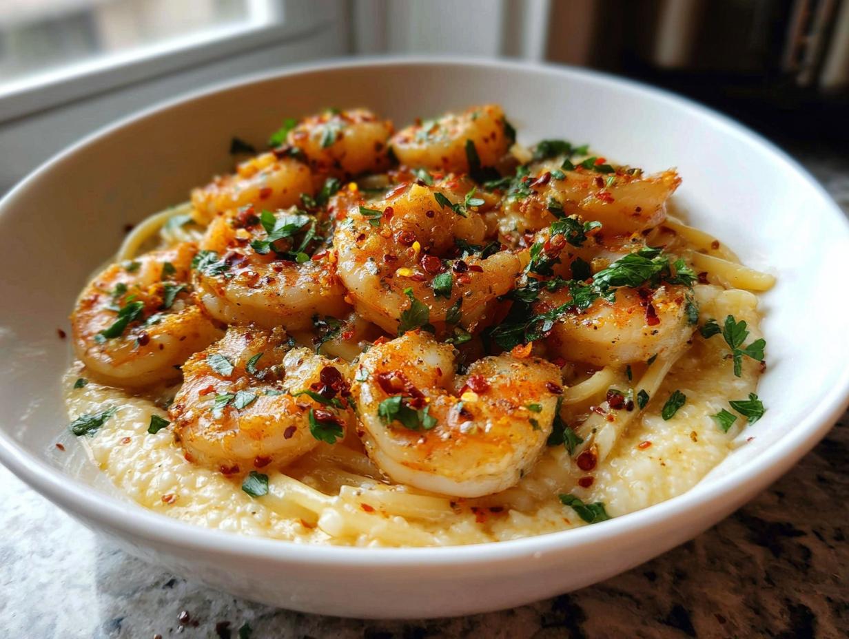 Close-up of spicy garlic shrimp served over creamy grits, garnished with parsley and red pepper flakes.