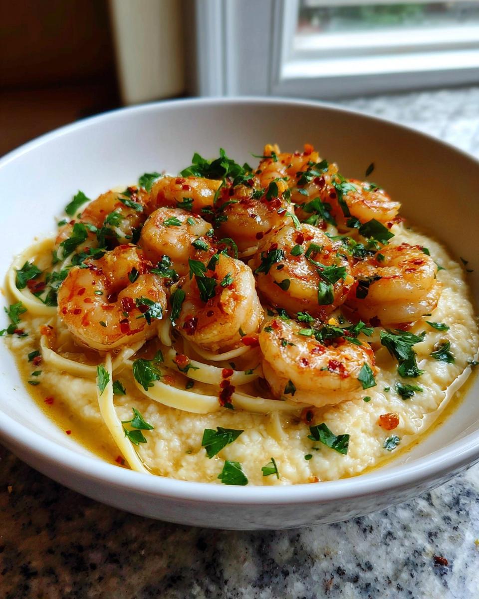 Close-up of spicy, seasoned shrimp served over creamy grits and pasta, garnished with parsley.
