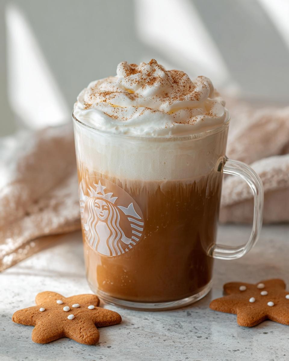 A homemade Starbucks Christmas Gingerbread Latte in a clear mug topped with whipped cream and cinnamon, next to two gingerbread cookies.