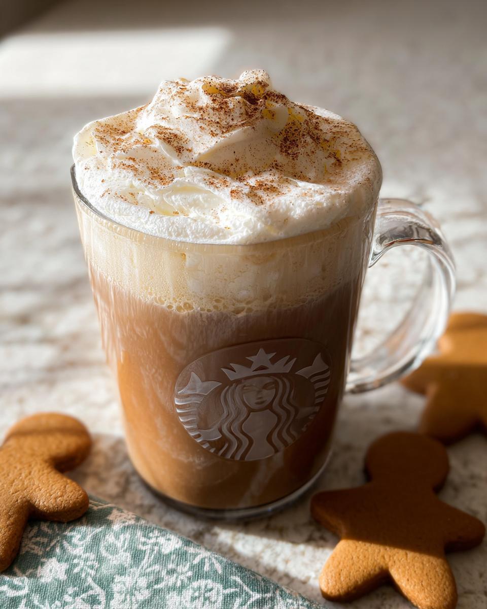 A homemade Starbucks Christmas Gingerbread Latte in a clear mug topped with whipped cream and spice.