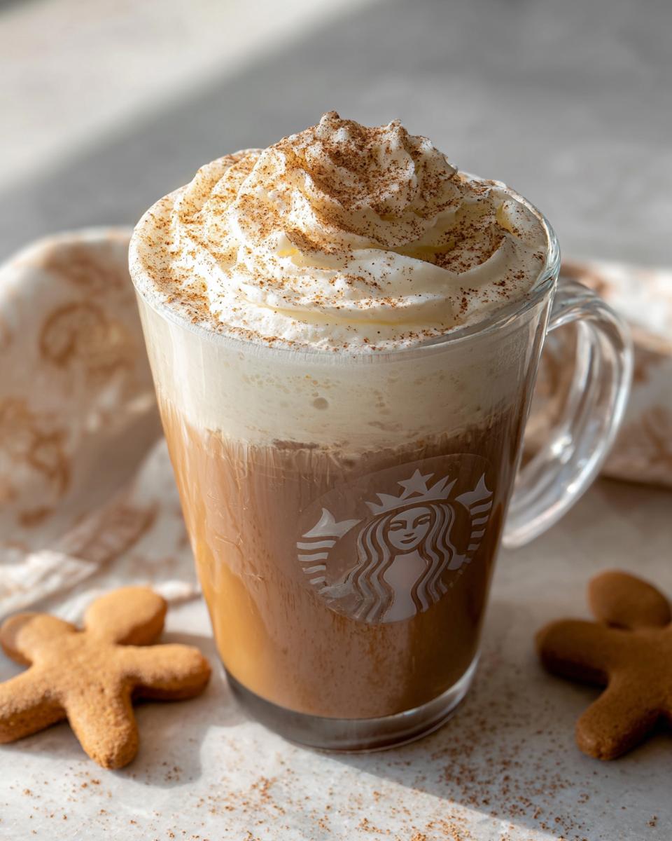 A homemade Starbucks Christmas Gingerbread Latte topped with whipped cream and cinnamon in a clear glass mug with the Starbucks logo.