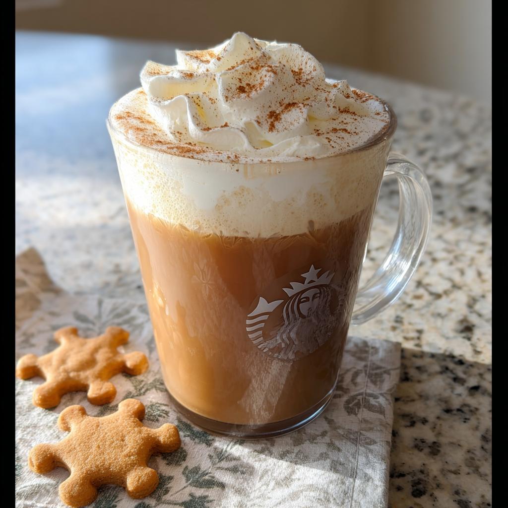 A tall glass mug featuring a Starbucks Christmas Gingerbread Latte topped with whipped cream and cinnamon.