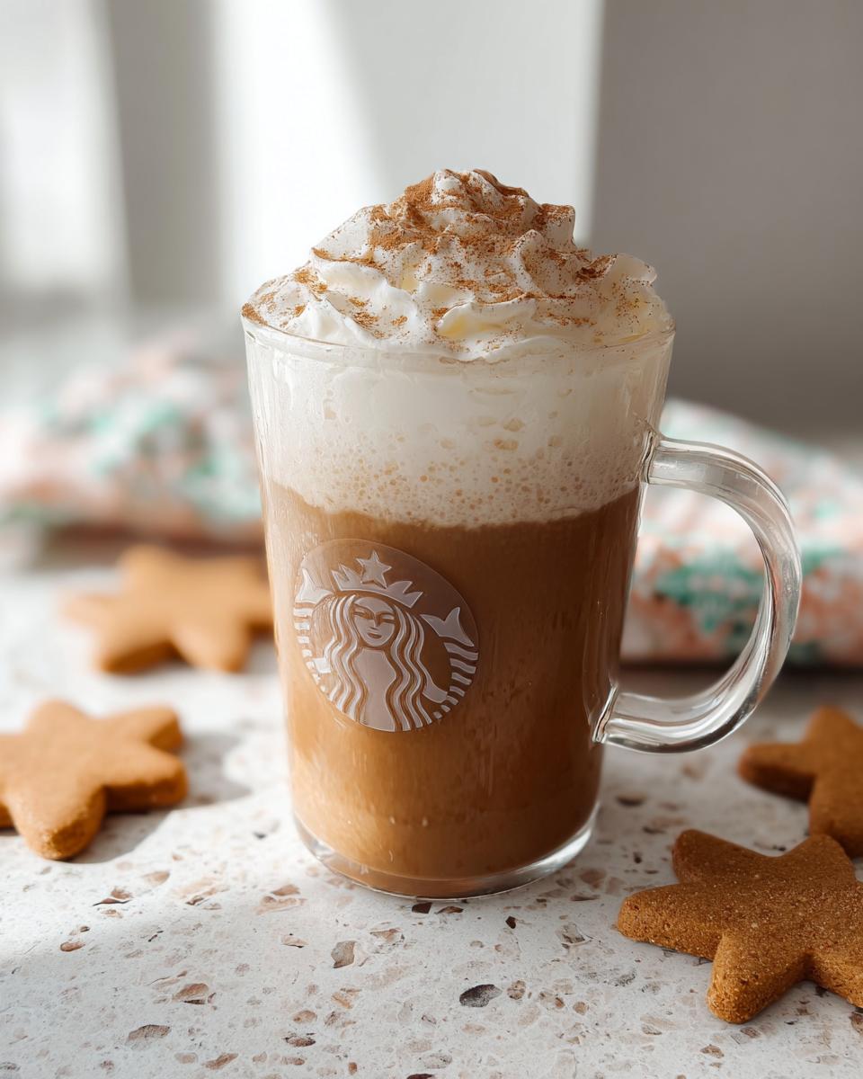 A homemade Starbucks Christmas Gingerbread Latte topped with whipped cream and cinnamon in a clear mug.