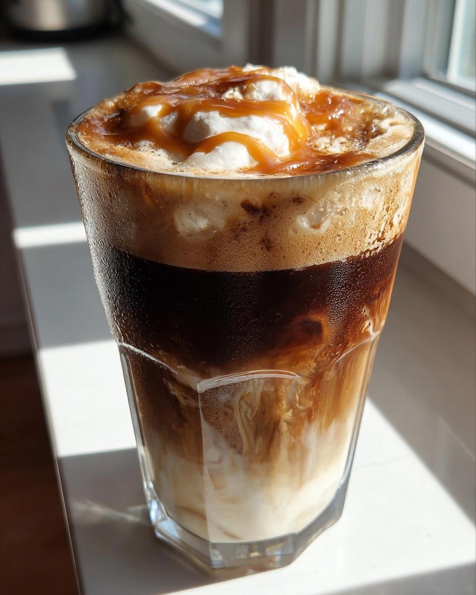 A tall glass of iced coffee layered with milk, espresso, topped with whipped cream and caramel drizzle, perfect for Starbucks drinks recipes.
