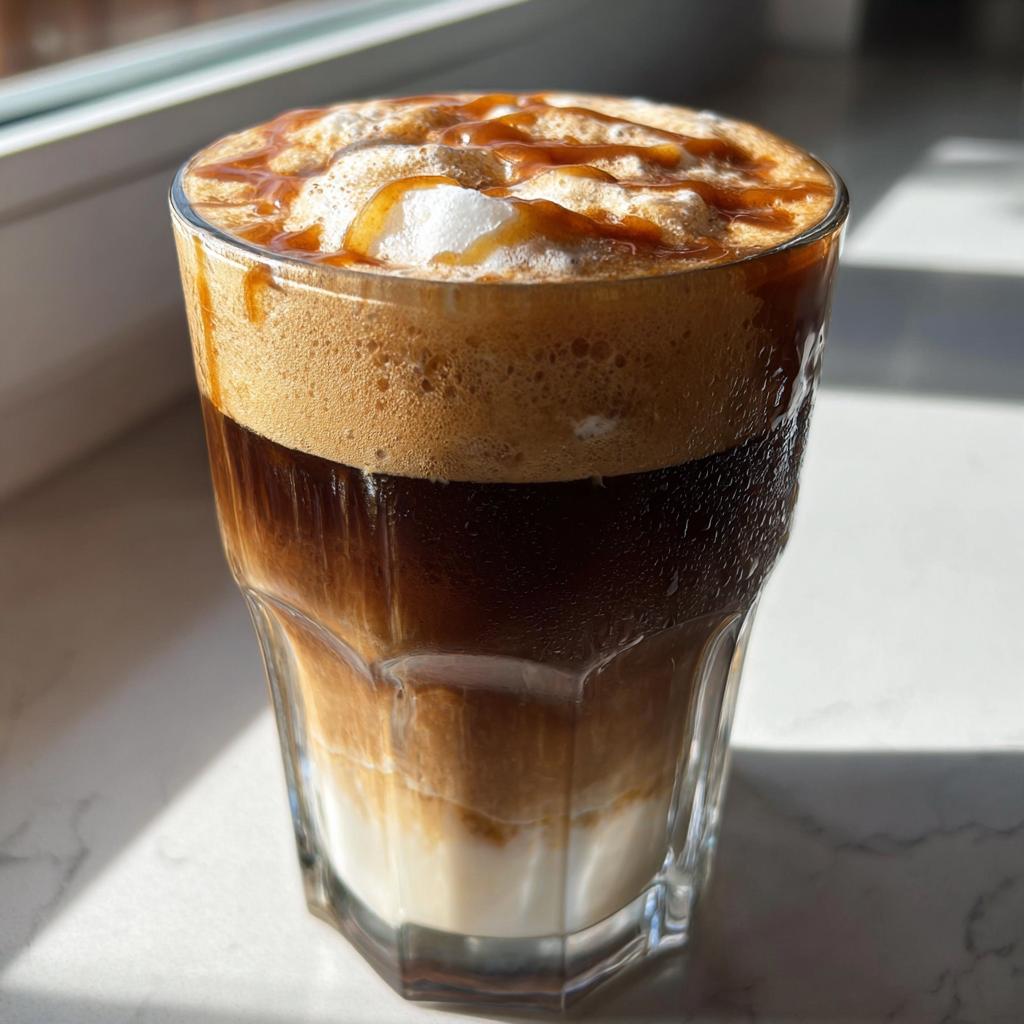 A layered iced coffee drink, resembling a Starbucks recipe, topped with foam and caramel drizzle.