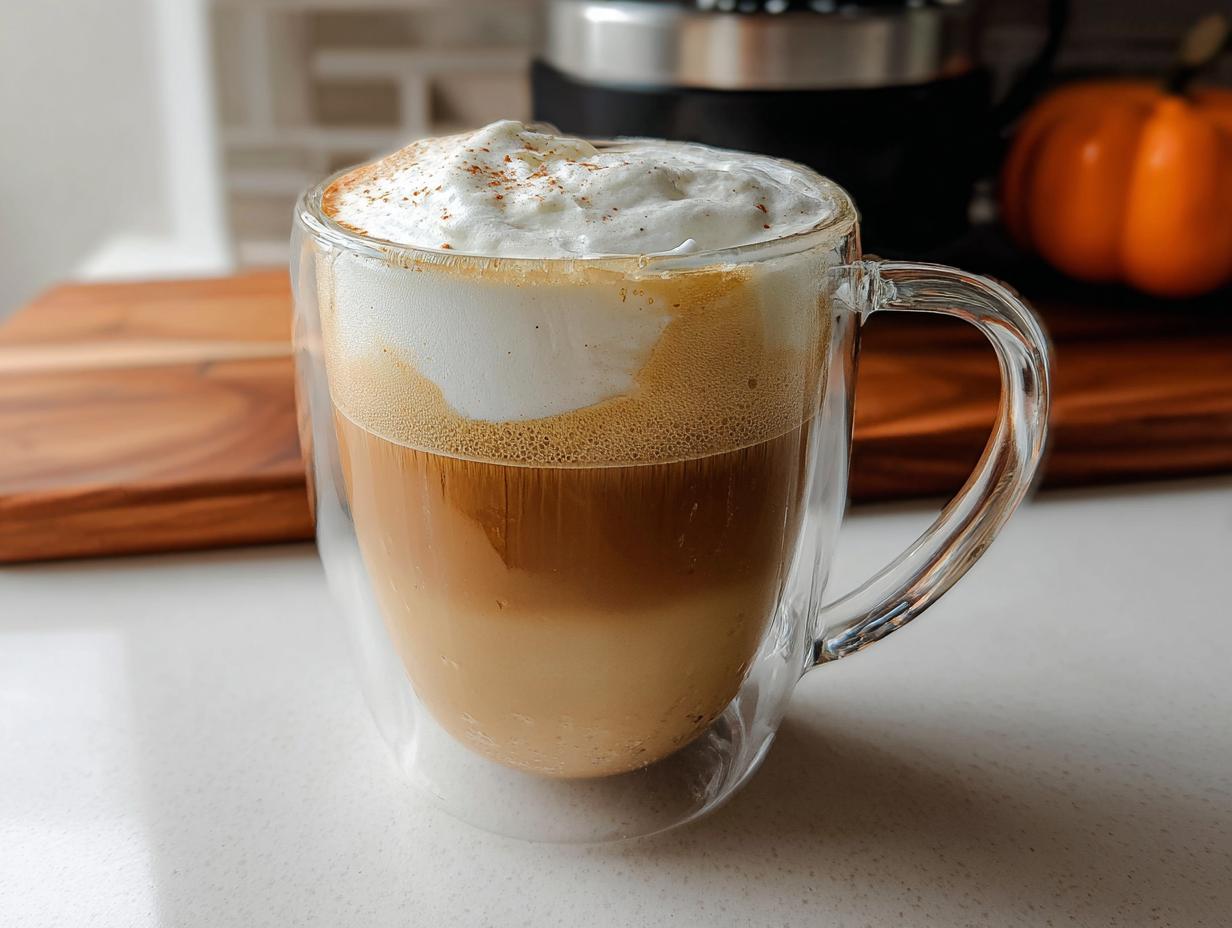 A layered coffee drink, likely a latte, topped with thick whipped cream and cinnamon in a clear glass mug, part of The Ultimate Starbucks Drinks Recipes Guide.