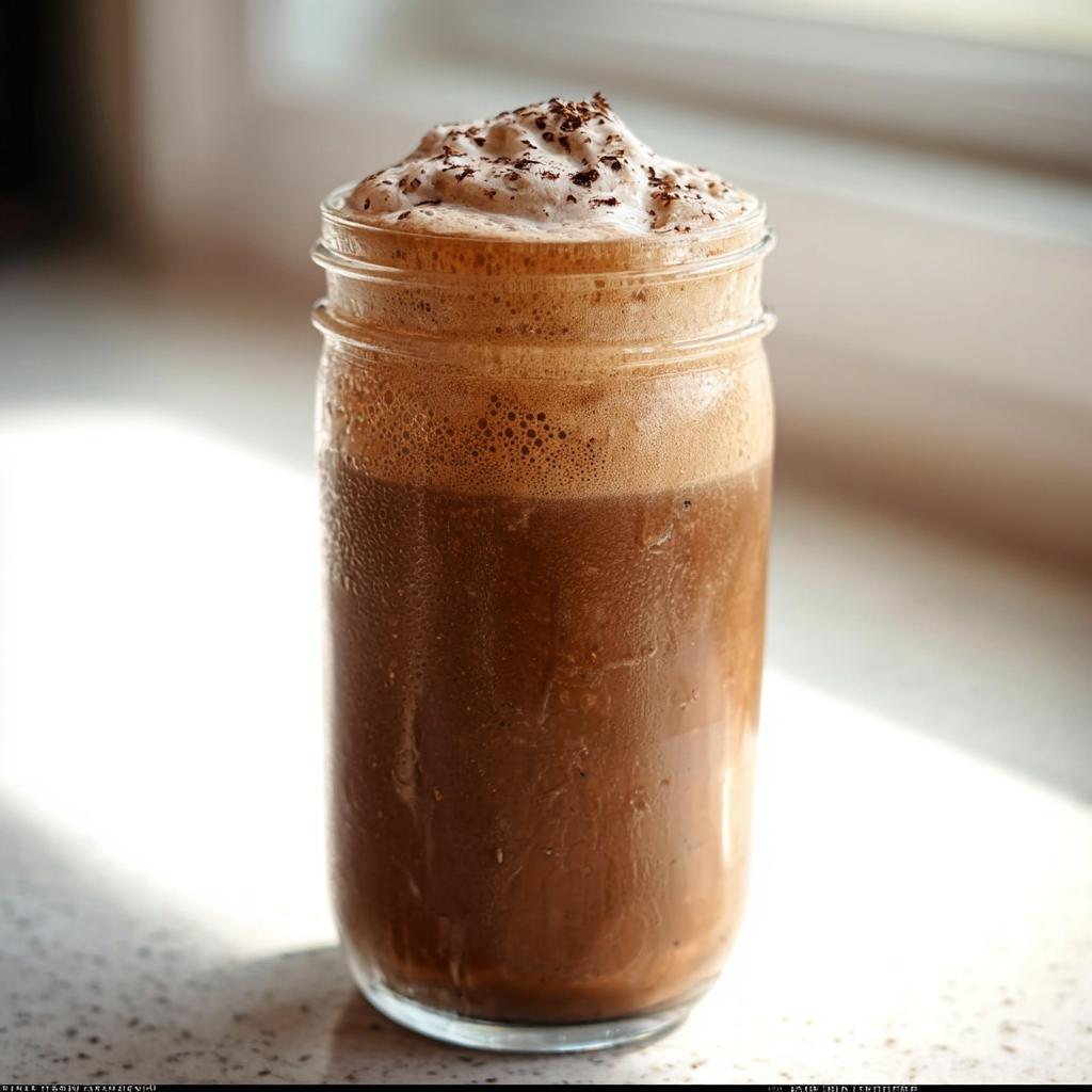 A tall, cold, frothy chocolate drink topped with whipped cream in a glass mason jar, perfect for Starbucks Drinks Recipes.