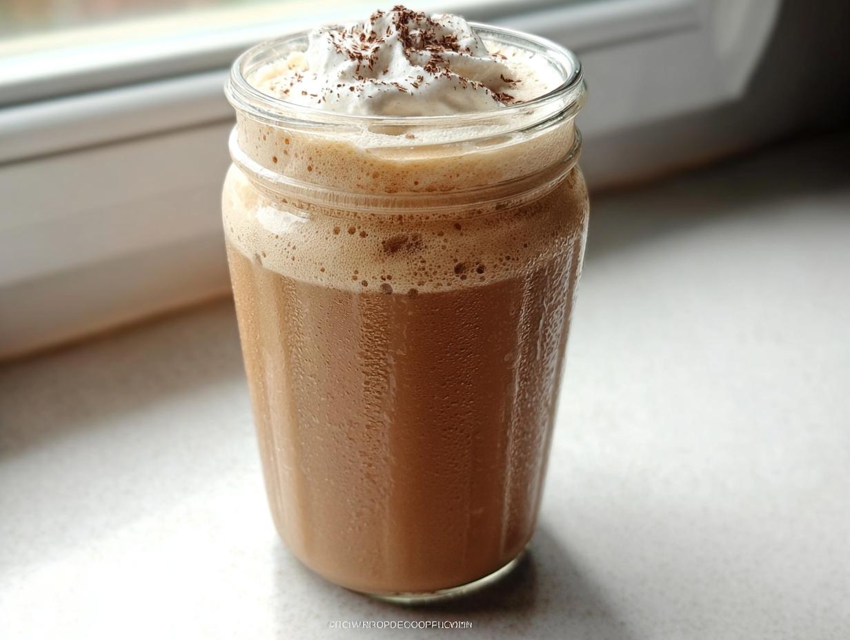 A cold, blended coffee drink topped with whipped cream and chocolate shavings, resembling Starbucks drinks recipes in 12 minutes.