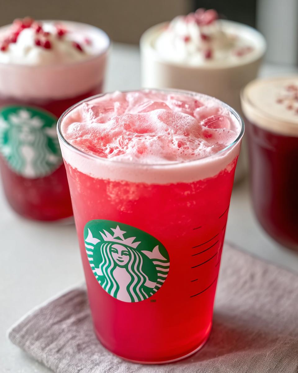 Close-up of a vibrant pink Starbucks Secret Menu Drink with ice and foam, featuring the green siren logo.