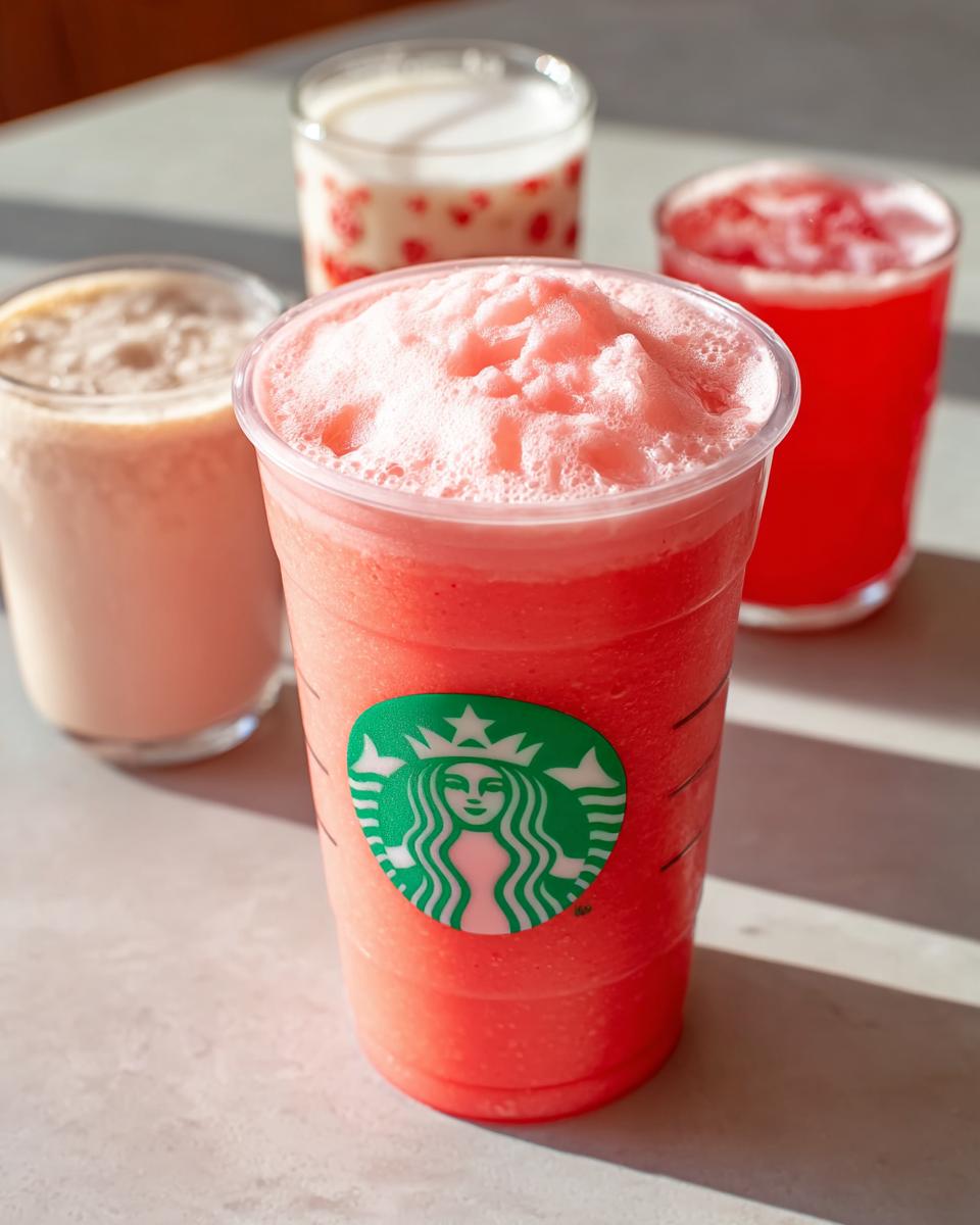 A close-up of several Starbucks Secret Menu Drinks, featuring a bright pink blended drink prominently.