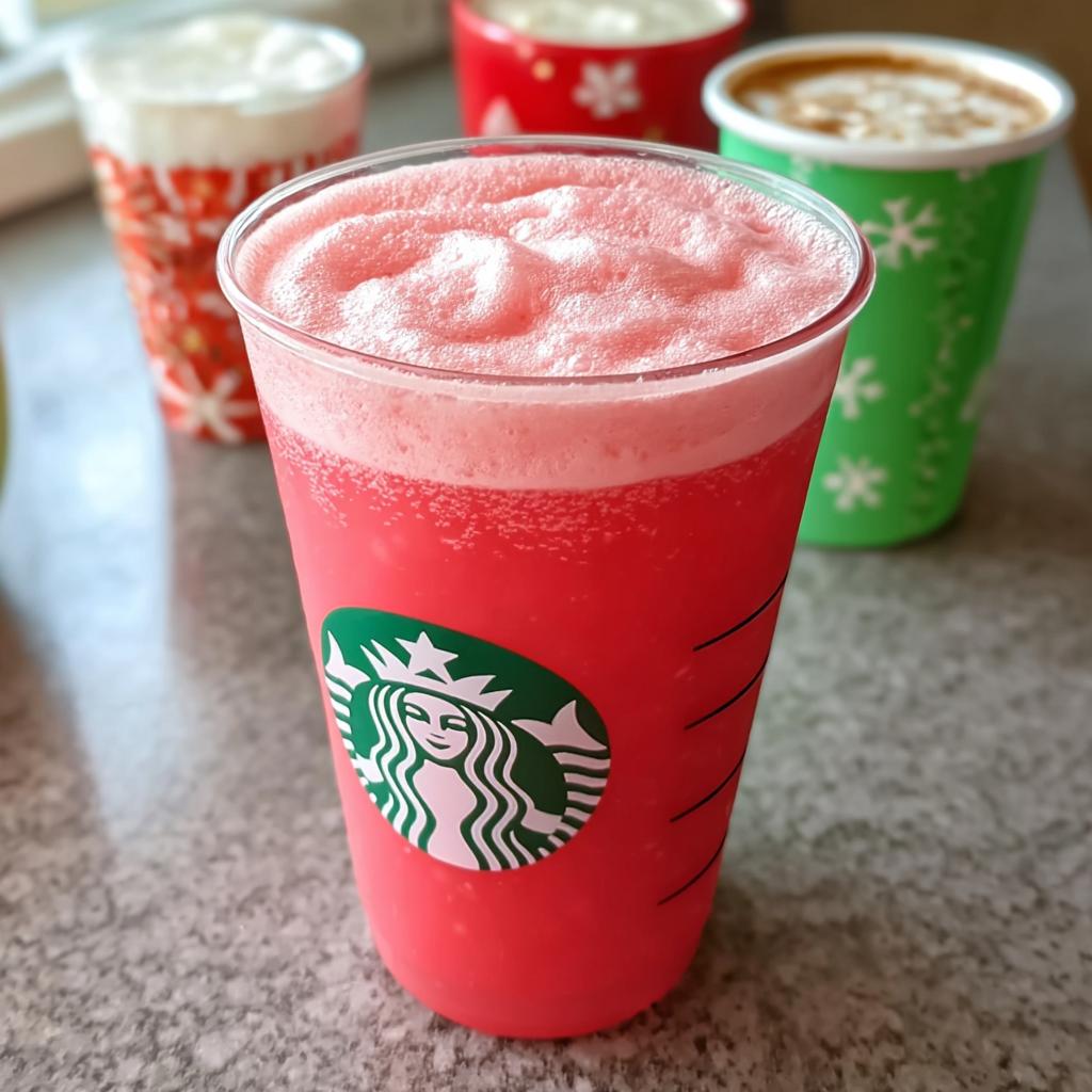 Close-up of a bright pink, blended Starbucks Secret Menu Drink with foam on top, featuring the green Starbucks logo.