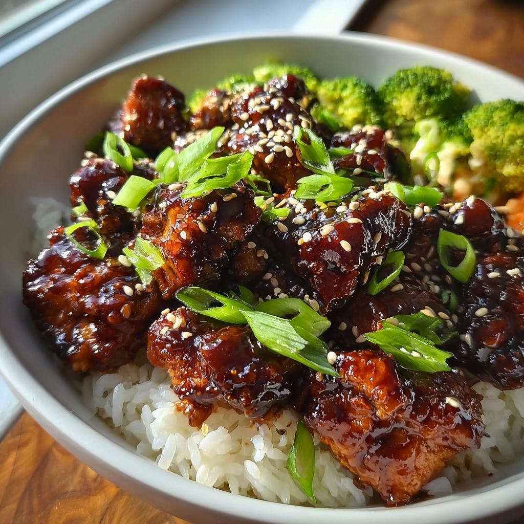 Close-up of a Sticky Teriyaki Chicken Bowl with rice, topped with sesame seeds and green onions.
