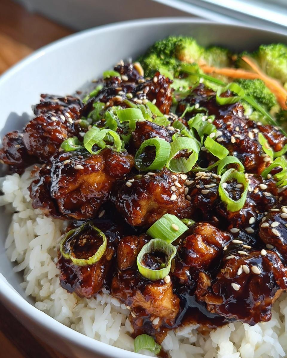 Close-up of a Sticky Teriyaki Chicken Bowl featuring glazed chicken pieces over white rice, topped with green onions and sesame seeds.