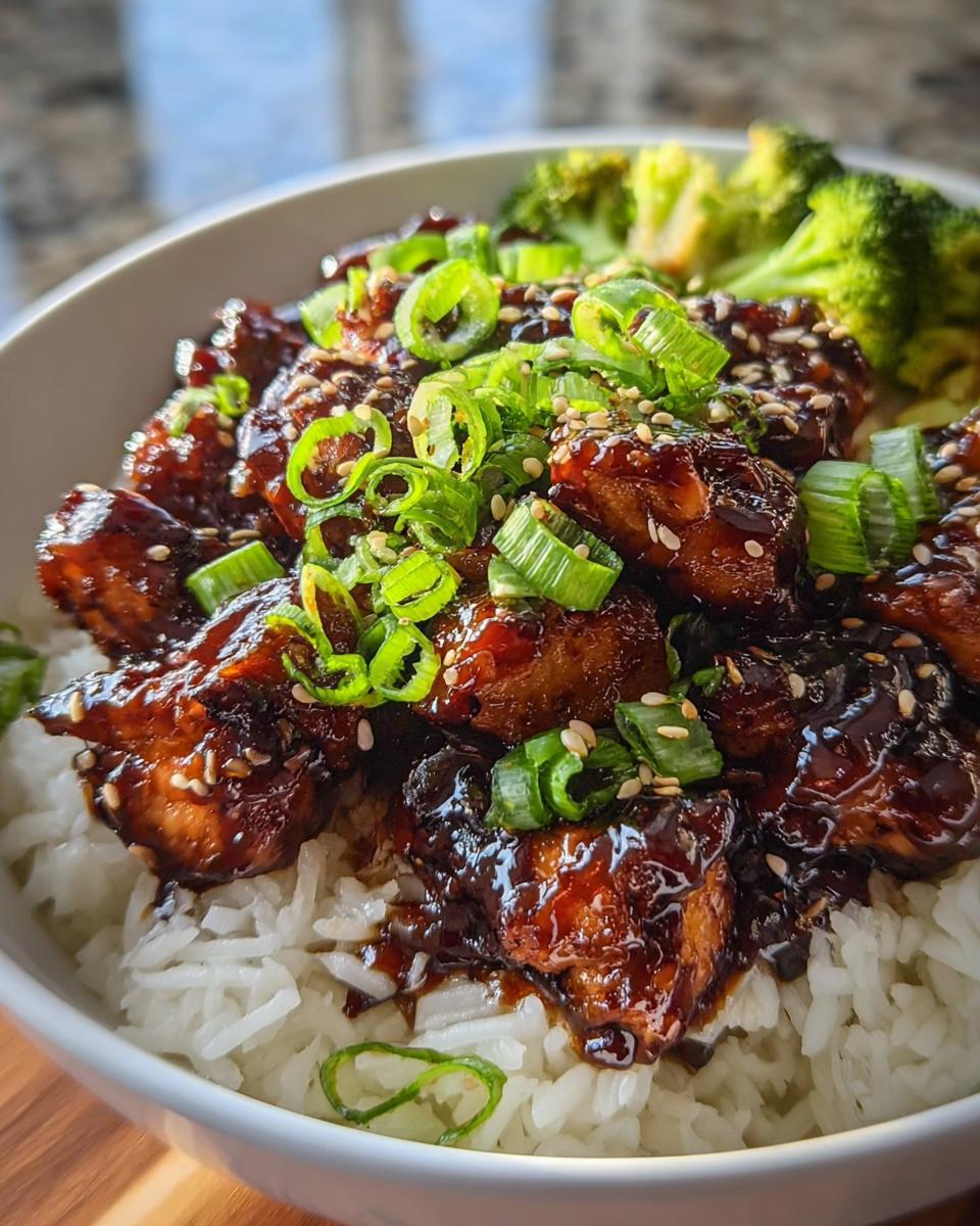 Close-up of Sticky Teriyaki Chicken Bowl with fresh green onions and sesame seeds over white rice.