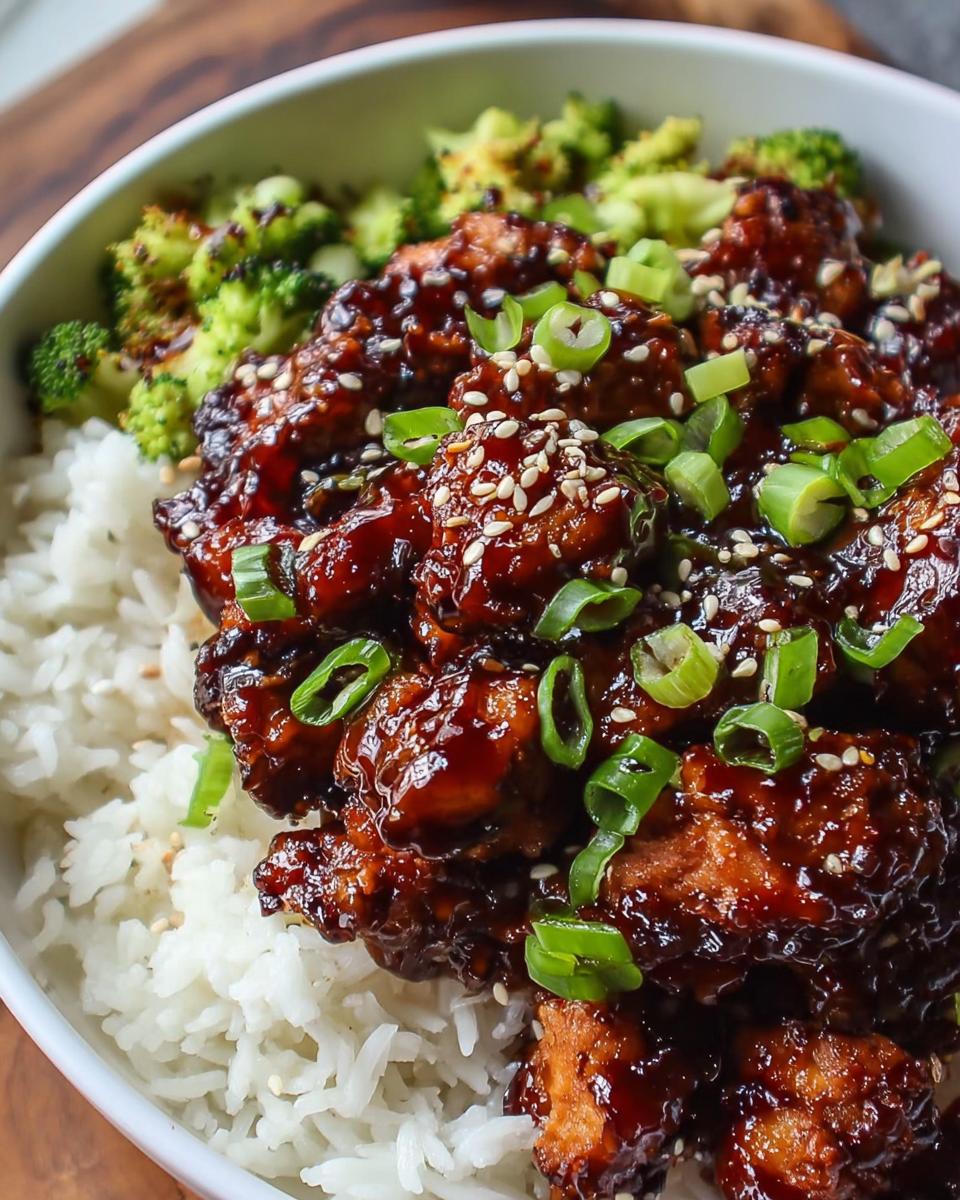 Close-up of a Sticky Teriyaki Chicken Bowl featuring glazed chicken pieces over white rice and broccoli.