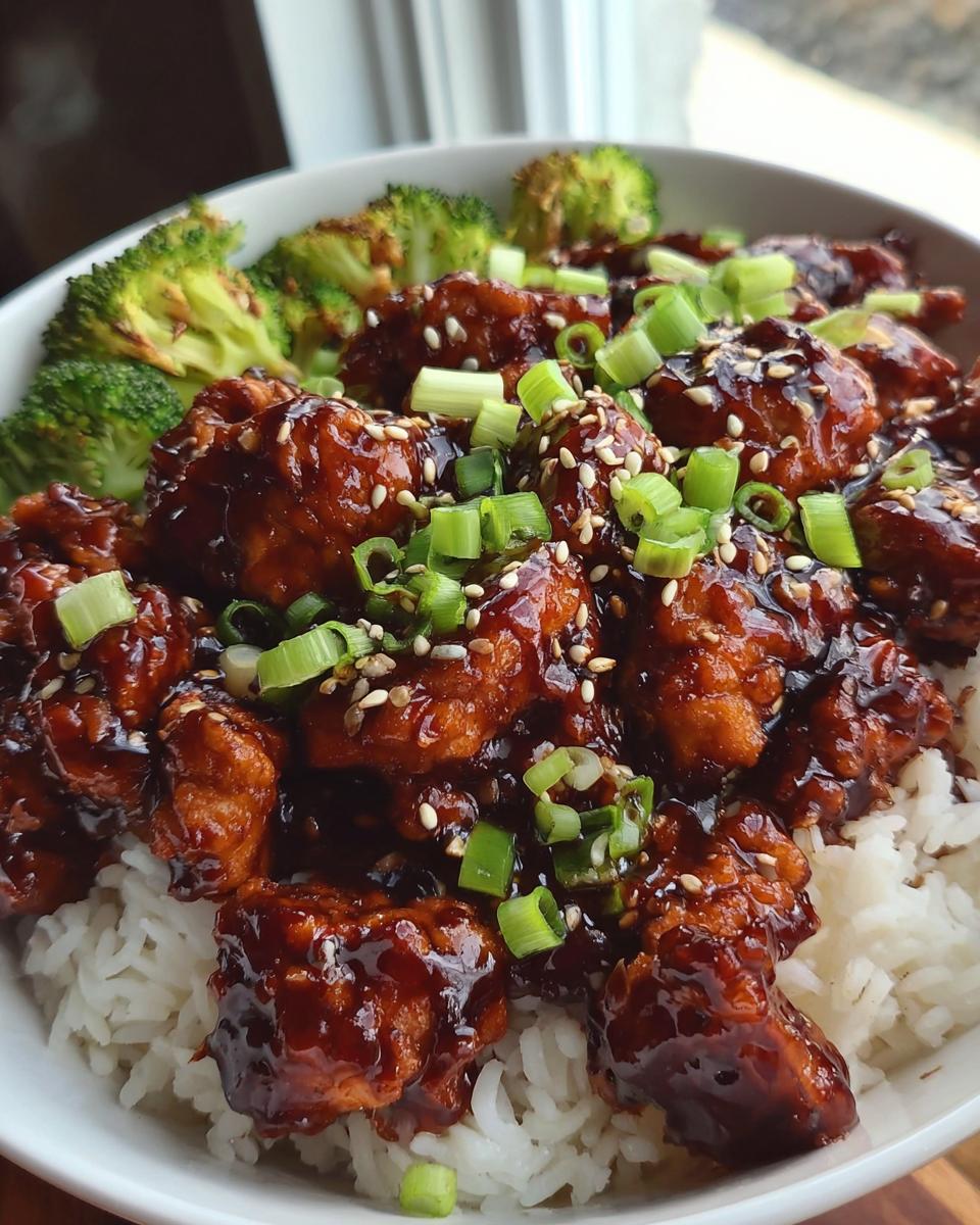 Close-up of a Sticky Teriyaki Chicken Bowl featuring glazed chicken pieces over white rice, topped with green onions and sesame seeds.