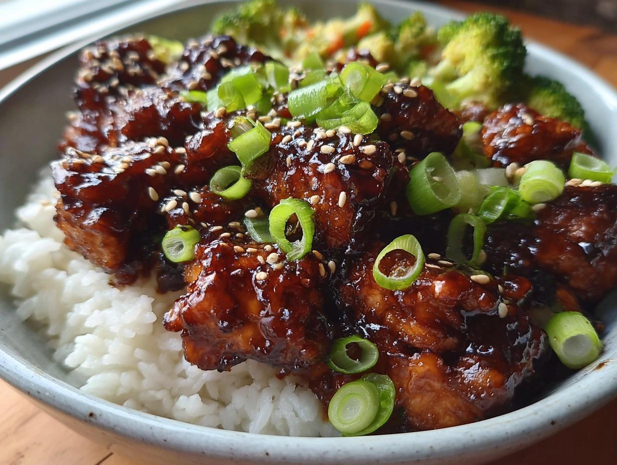 Close-up of a Sticky Teriyaki Chicken Bowl featuring glazed chicken pieces over white rice, topped with sesame seeds and green onions.