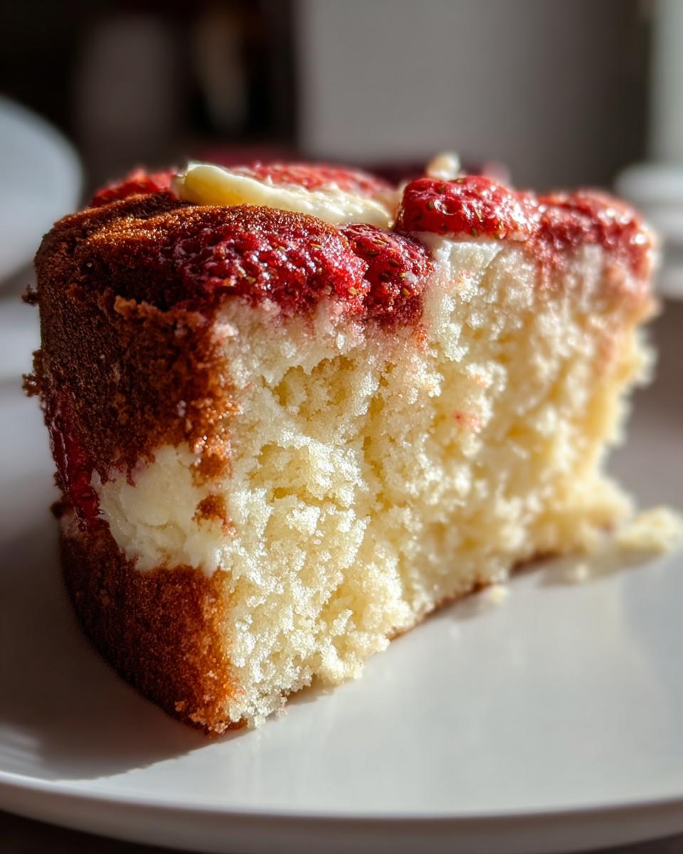 Close-up of a moist slice of vanilla cake topped with strawberry glaze and cream, perfect for cake ideas recipes.