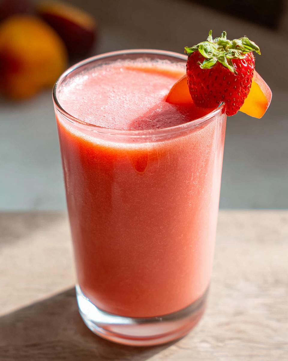 Close-up of vibrant pink strawberry juice garnished with a whole strawberry and peach slice.