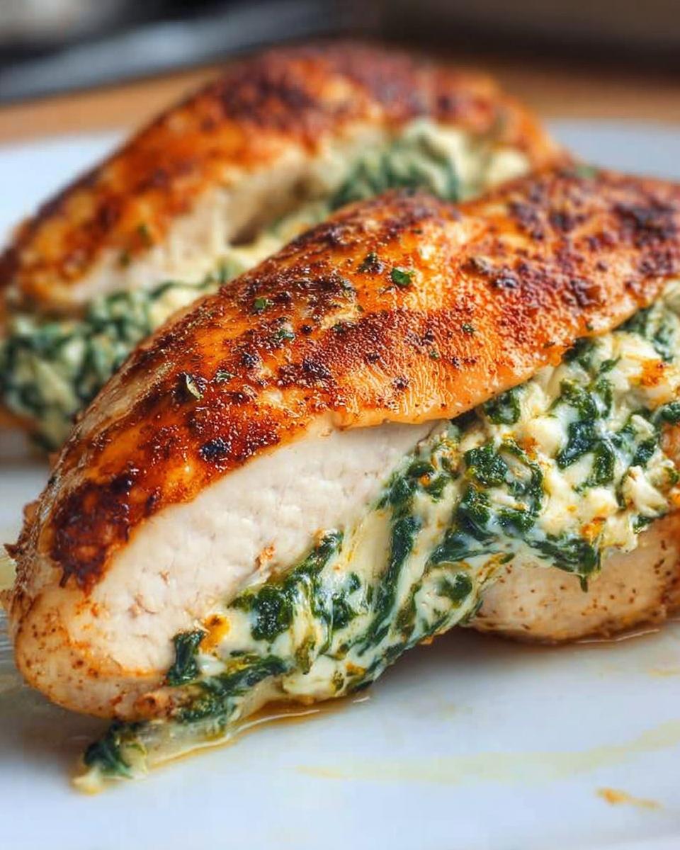 A close-up cross-section of juicy Stuffed Chicken Breasts with Spinach and Cheese, showing the golden-brown sear and creamy filling.