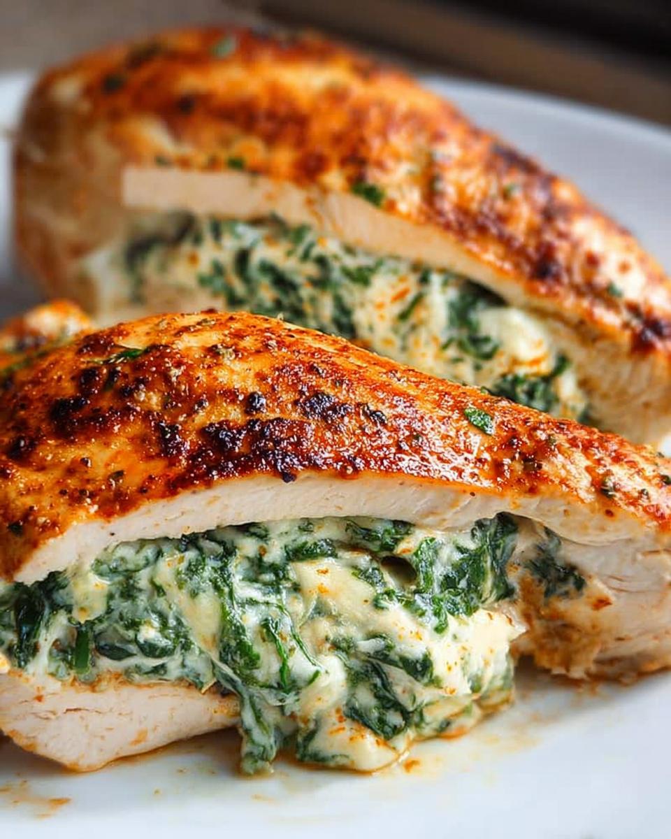 Close-up of Stuffed Chicken Breasts with Spinach and Cheese, showing melted cheese oozing out.