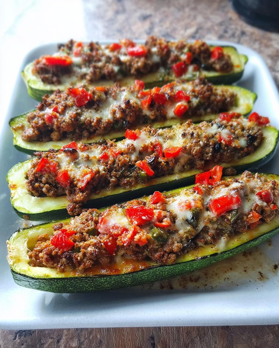 Four baked zucchini boats stuffed with seasoned ground meat, topped with melted cheese and diced red peppers, perfect for Simple Low-Carb Dinner Ideas.