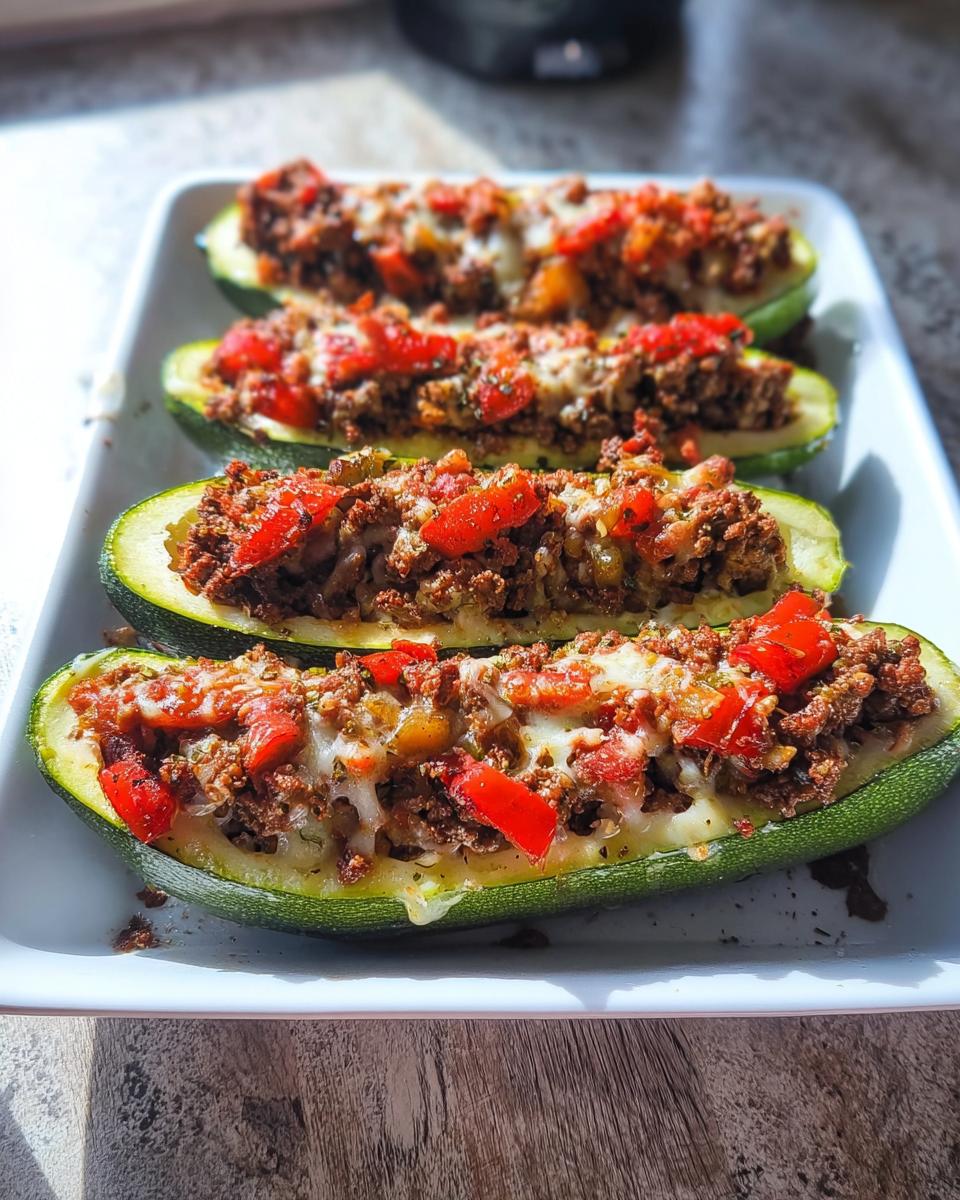 Four baked zucchini boats stuffed with seasoned ground meat, red peppers, and melted cheese, perfect for Simple Low-Carb Dinner Ideas.