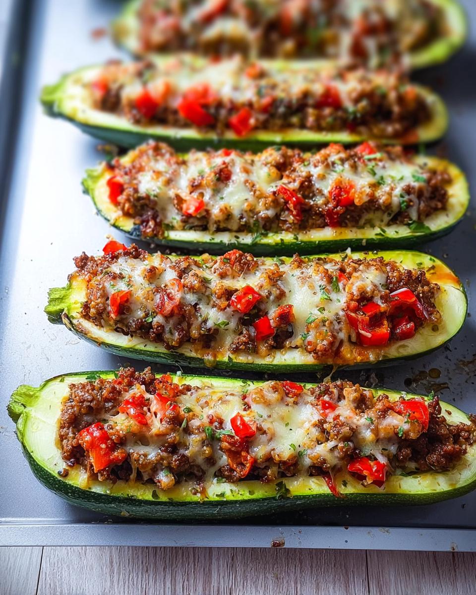 Four baked zucchini boats stuffed with seasoned ground meat, red peppers, and melted cheese, perfect for Simple Low-Carb Dinner Ideas.