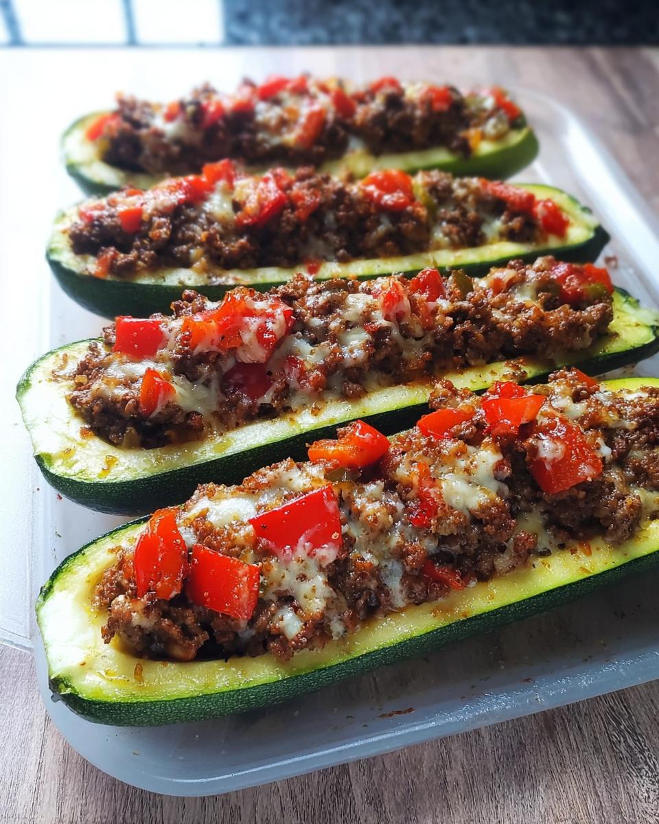 Four baked zucchini boats stuffed with seasoned ground meat, topped with melted cheese and diced red peppers, perfect for Simple Low-Carb Dinner Ideas.