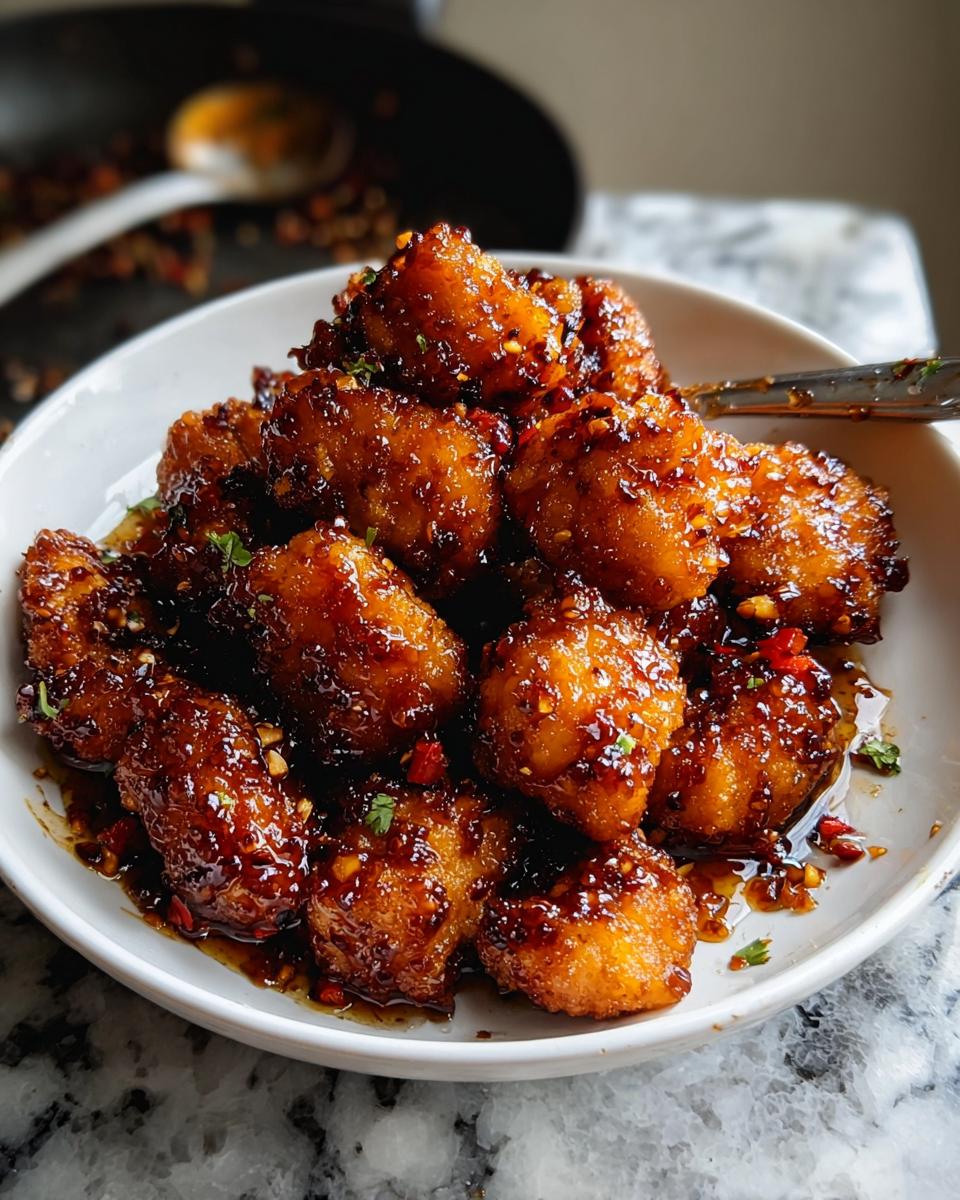 A white bowl filled with crispy Sweet and Spicy Honey Garlic Chicken Bites coated in a glossy, dark sauce with chili flakes.