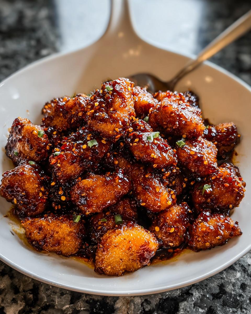 A close-up of crispy Sweet and Spicy Honey Garlic Chicken Bites coated in a dark, glossy sauce with chili flakes.