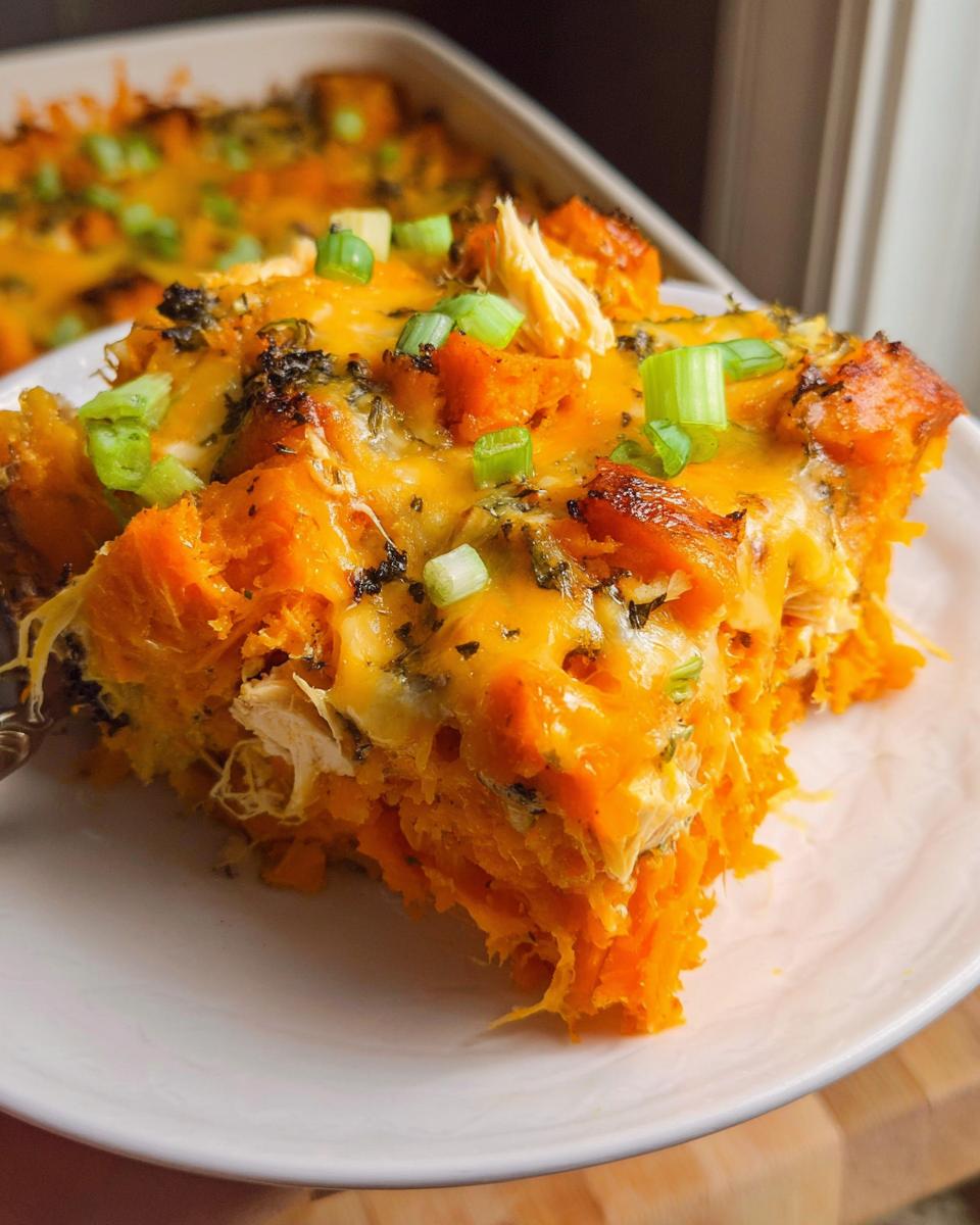 A close-up of a serving of bright orange sweet potato casserole topped with melted cheese and green onions, a perfect Healthy Comfort Food for Dinner.