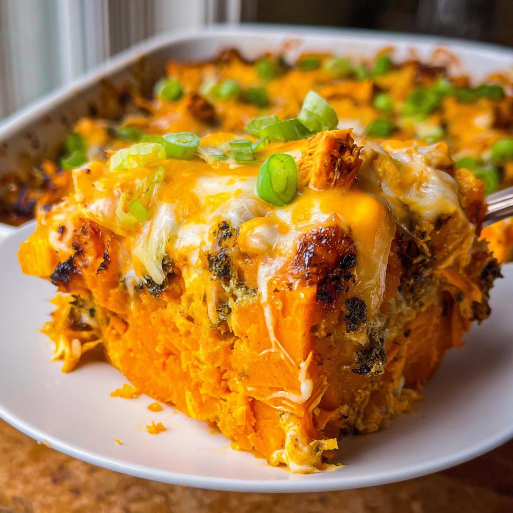 A serving of bright orange sweet potato casserole topped with melted cheese and green onions, a perfect Healthy Comfort Food for Dinner.