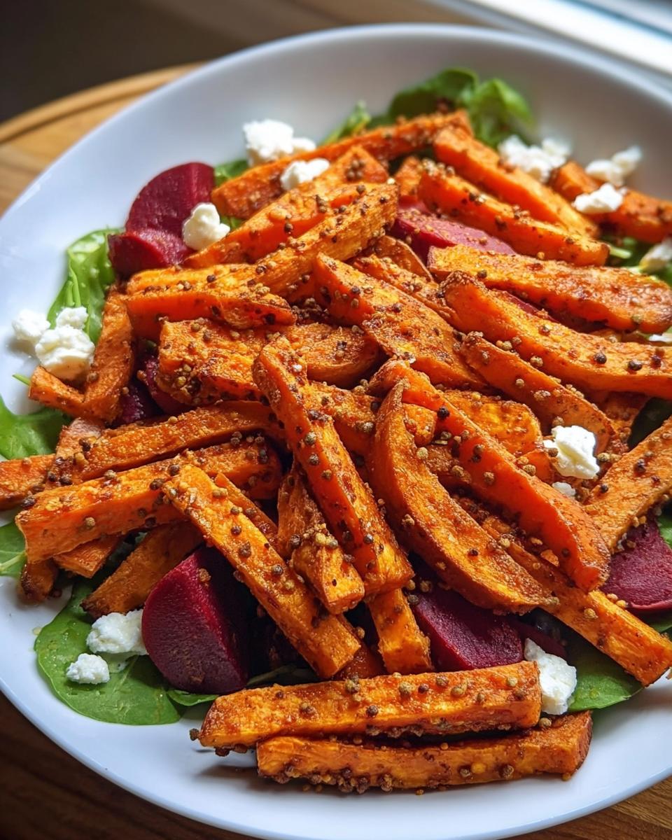 Close-up of baked sweet potato fries mixed with beets and feta over greens, a perfect example of Healthy Comfort Food Recipes.