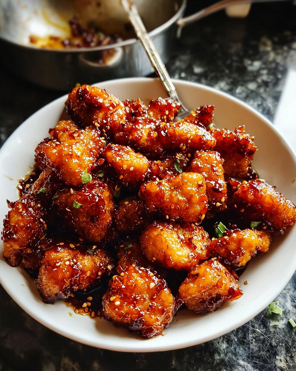 A white bowl filled with glistening Sweet and Spicy Honey Garlic Chicken Bites, garnished with sesame seeds and green onions.