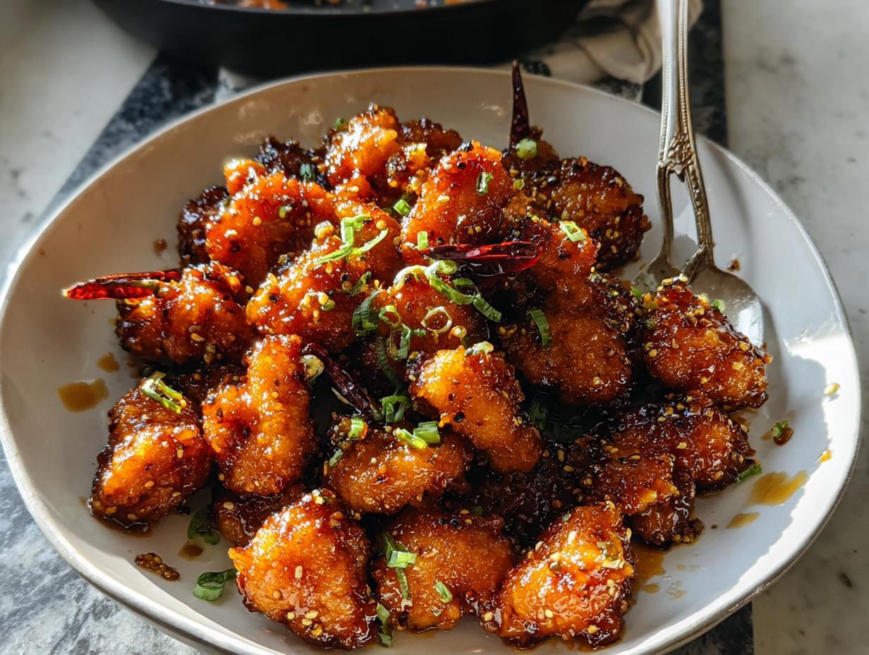 A bowl filled with glistening Sweet and Spicy Honey Garlic Chicken Bites, garnished with sesame seeds and green onions.