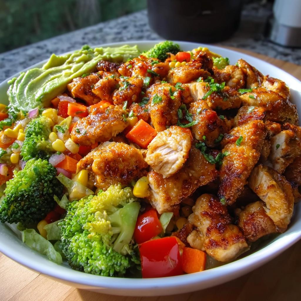 A vibrant bowl featuring seasoned chicken pieces, broccoli, corn, carrots, and mashed avocado, perfect for Healthy Meals Recipes Meal Prep.